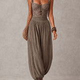 Nieves | Conjunto de top bandeau de encaje gris y pantalones harem de algodón plisados para Mujer