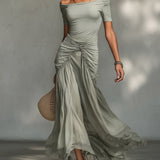 Vestido Maxi de Tela Stretch Gris y Chiffon Clara para Mujer