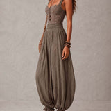 Nieves | Conjunto de top bandeau de encaje gris y pantalones harem de algodón plisados para Mujer