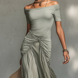 Vestido Maxi de Tela Stretch Gris y Chiffon Clara para Mujer