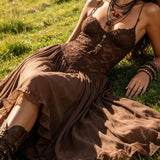 Vestido Maxi de Chiffon con Encaje Marrón Oscuro