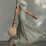 Vestido Maxi de Tela Stretch Gris y Chiffon Clara para Mujer
