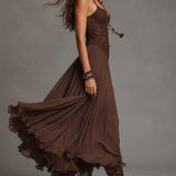 Vestido Maxi de Chiffon con Encaje Marrón Oscuro
