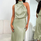 Vestido Largo de Satén con Cuello Halter Carlina