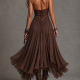 Vestido Maxi de Chiffon con Encaje Marrón Oscuro
