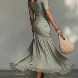 Vestido Maxi de Tela Stretch Gris y Chiffon Clara para Mujer
