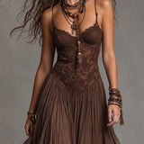 Vestido Maxi de Chiffon con Encaje Marrón Oscuro