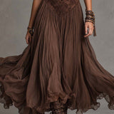 Vestido Maxi de Chiffon con Encaje Marrón Oscuro