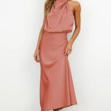 Vestido Largo de Satén con Cuello Halter Carlina