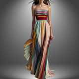 Vestido Largo Sin Tirantes Asia, Colorido y Plisado