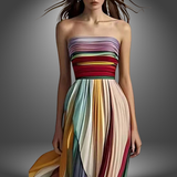 Vestido Largo Sin Tirantes Asia, Colorido y Plisado