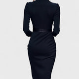 Vestido Negro Refinado con Cinturón y Cuello Mandarin
