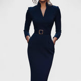 Vestido Negro Refinado con Cinturón y Cuello Mandarin