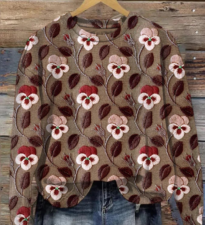 Sudadera Casual Coral con Estampado de Hojas y Bordado para Mujer