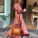Vestido Largo Rosa Armen con Mangas Cortas