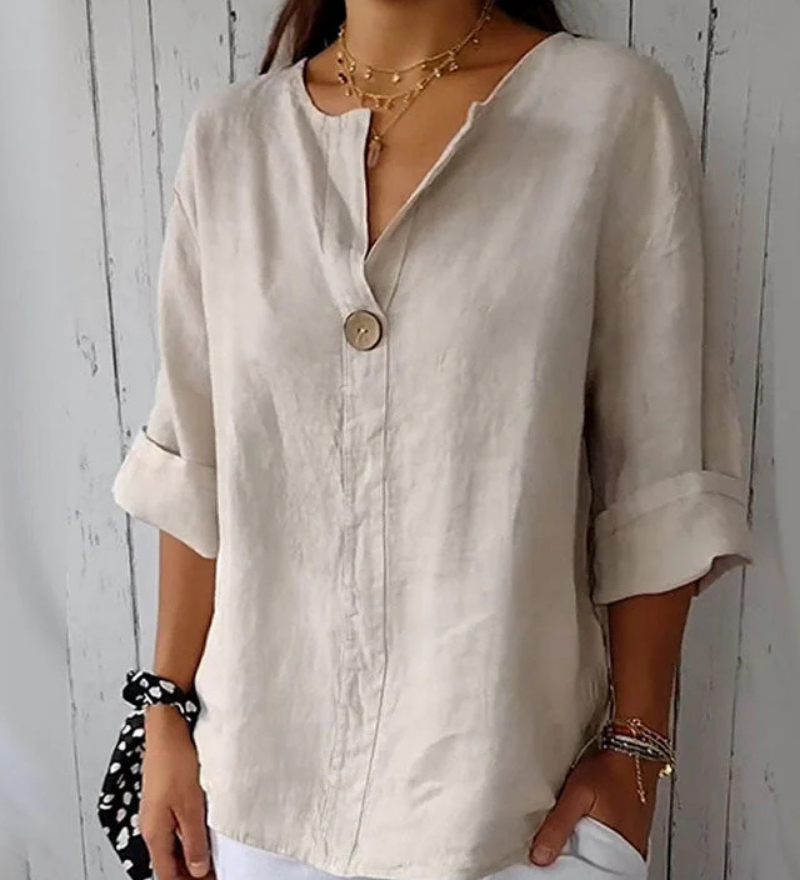 Top de Algodón y Lino ARAI con Cuello en V y Botones