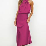 Vestido Largo de Satén con Cuello Halter Carlina