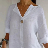 Top de Algodón y Lino ARAI con Cuello en V y Botones