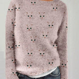 Suéter Acogedor con Cuello Redondo y Estampado de Gato