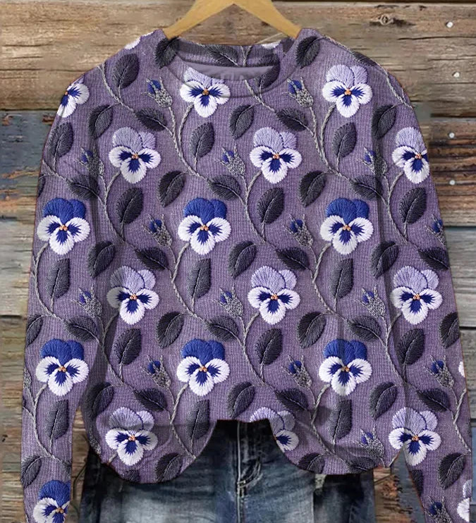Sudadera Casual Coral con Estampado de Hojas y Bordado para Mujer