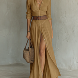 Vestido Maxi de Lino con Cuello de Solapa y Mangas Largas para Mujer Adriana