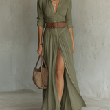 Vestido Maxi de Lino con Cuello de Solapa y Mangas Largas para Mujer Adriana