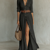 Vestido Maxi de Lino con Cuello de Solapa y Mangas Largas para Mujer Adriana