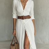Vestido Maxi de Lino con Cuello de Solapa y Mangas Largas para Mujer Adriana