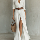 Vestido Maxi de Lino con Cuello de Solapa y Mangas Largas para Mujer Adriana