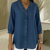 Blusa de Denim Fluido con Escote en V y Volantes Adele