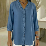 Blusa de Denim Fluido con Escote en V y Volantes Adele