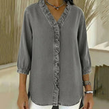 Blusa de Denim Fluido con Escote en V y Volantes Adele