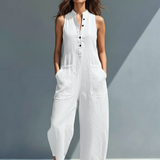 Claudia | Mono minimalista de lino para mujer, sin mangas, cuello alto y botones