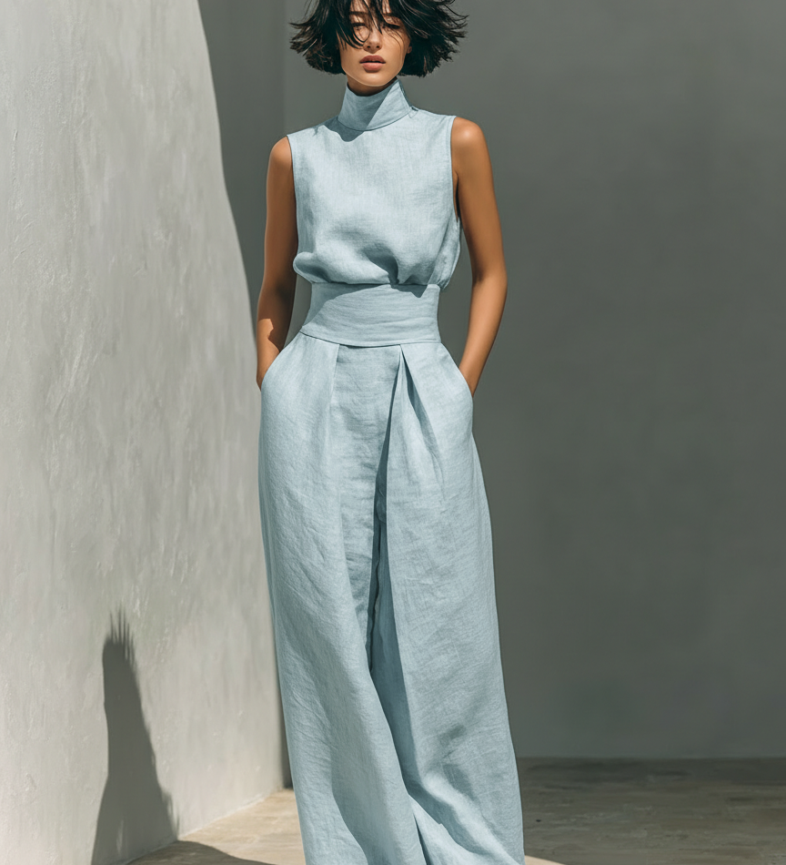 Conjunto Minimalista de Blusa Sin Mangas y Pantalones de Pierna Ancha en Algodón y Lino Aida para Mujer
