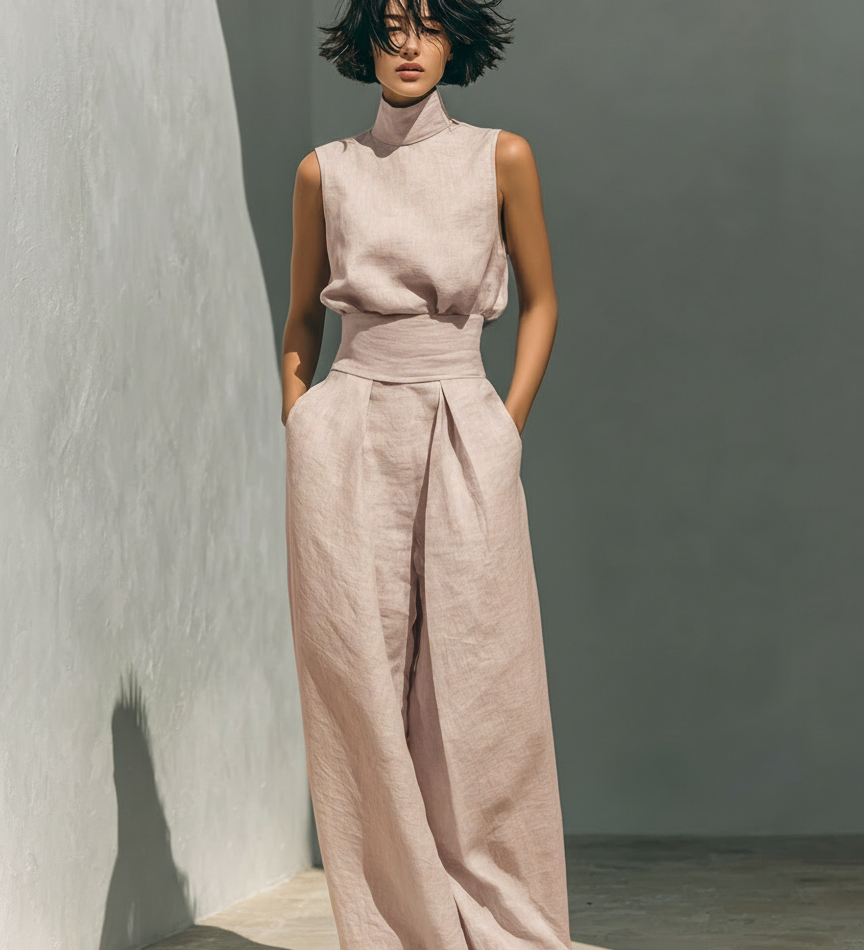 Conjunto Minimalista de Blusa Sin Mangas y Pantalones de Pierna Ancha en Algodón y Lino Aida para Mujer
