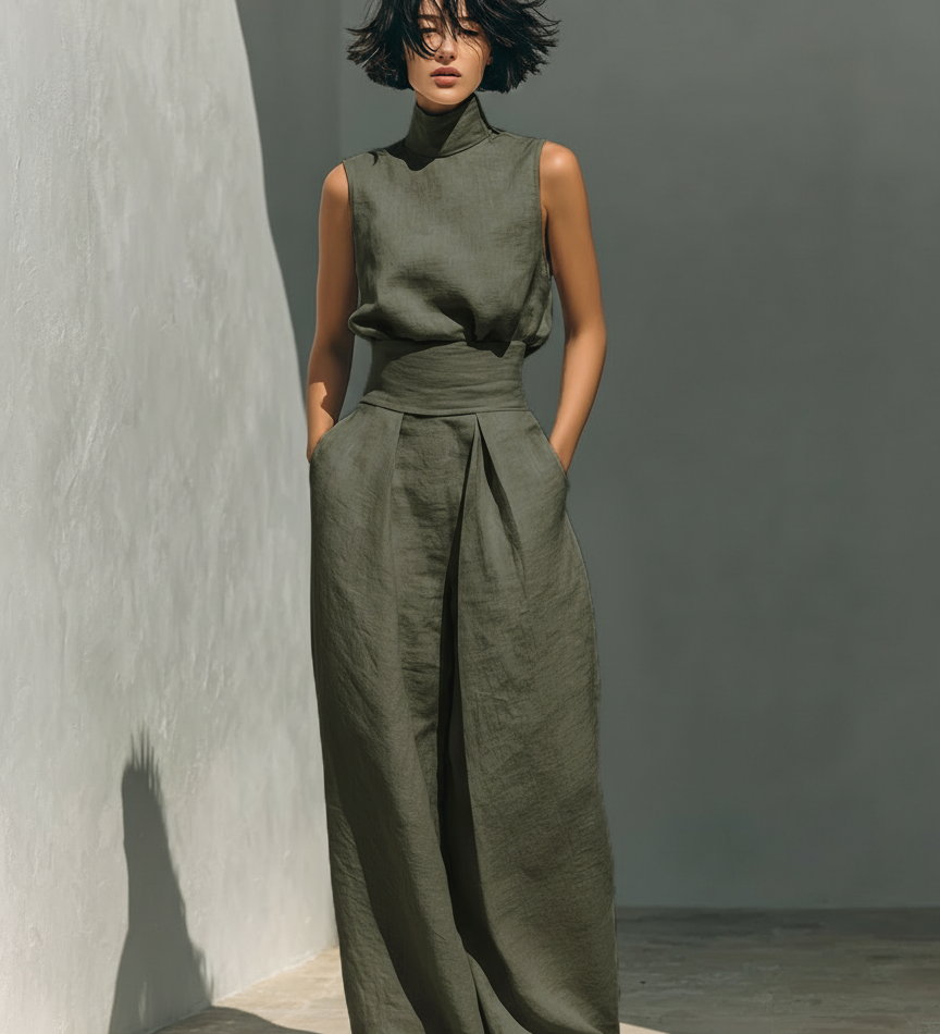 Conjunto Minimalista de Blusa Sin Mangas y Pantalones de Pierna Ancha en Algodón y Lino Aida para Mujer