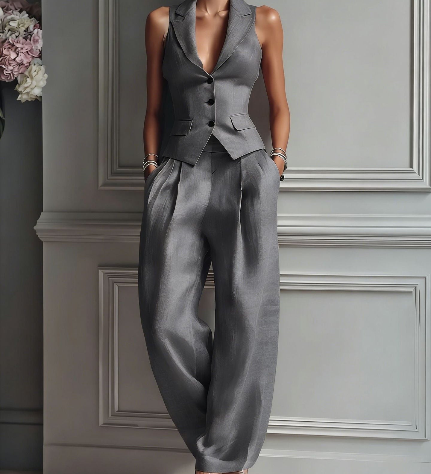 Conjunto de Dos Piezas Lorie con Cuello en V y Botones para Mujer