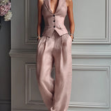 Lorie - Conjunto de dos piezas para mujer con cuello en V y botones