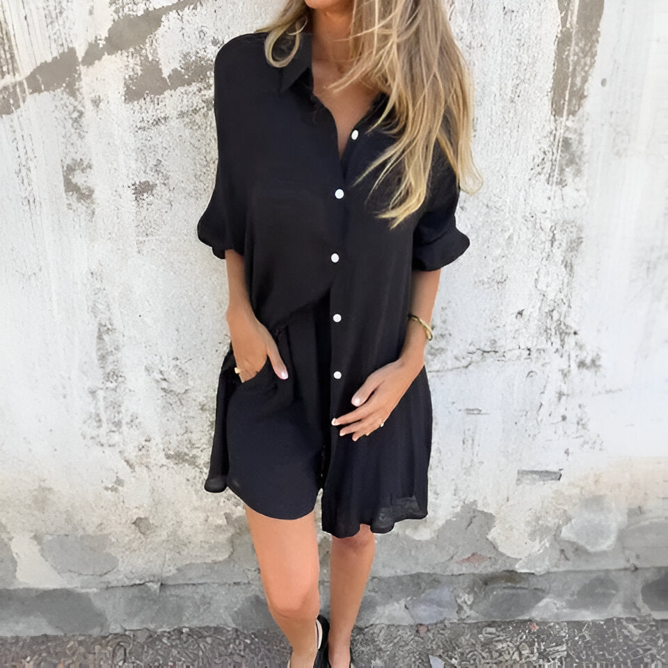 Conjunto Casual Nora™ de Blusa y Pantalones Cortos Lisos