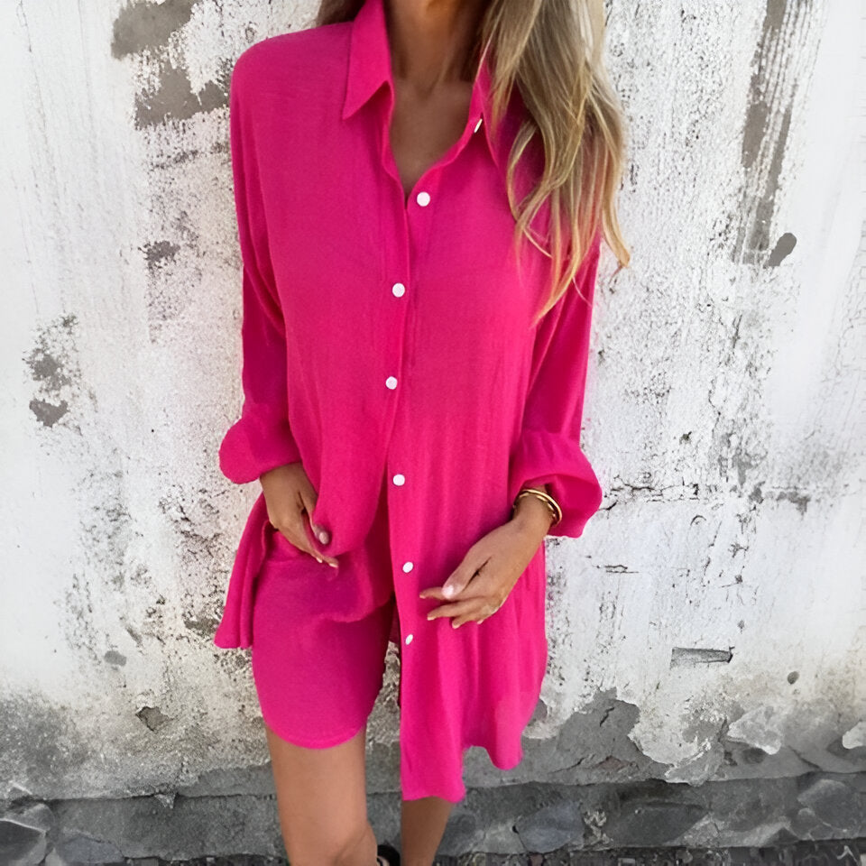 Conjunto Casual Nora™ de Blusa y Pantalones Cortos Lisos