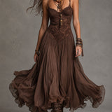 Vestido Maxi de Chiffon con Encaje Marrón Oscuro
