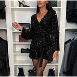 Vestido Corto de Lentejuelas con Cinturón y Escote en V Luna™