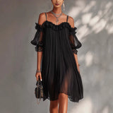 Minivestido Negro de Gasa con Tirantes y Encaje Vittoria