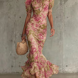 Vestido Largo Vintage de Rosas con Mangas Abullonadas para Mujer