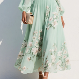 Vestido Maxi Plisado Chiffon Verde Menta Floral