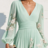 Vestido Maxi Plisado Chiffon Verde Menta Floral