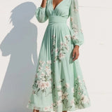 Vestido Maxi Plisado Chiffon Verde Menta Floral