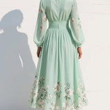 Vestido Maxi Plisado Chiffon Verde Menta Floral