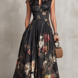 Vestido Midi Floral de Satén Plisado con Cuello Negro para Mujer