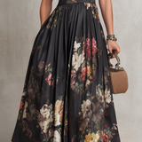 Vestido Midi Floral de Satén Plisado con Cuello Negro para Mujer